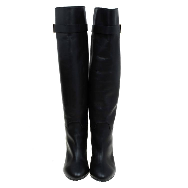 Pre Owned Giuseppe Zanotti Black Leather Metal Plaque Block Heel Knee Boots Size 41