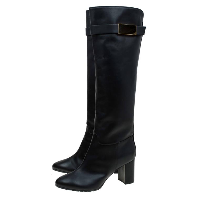 Pre Owned Giuseppe Zanotti Black Leather Metal Plaque Block Heel Knee Boots Size 41