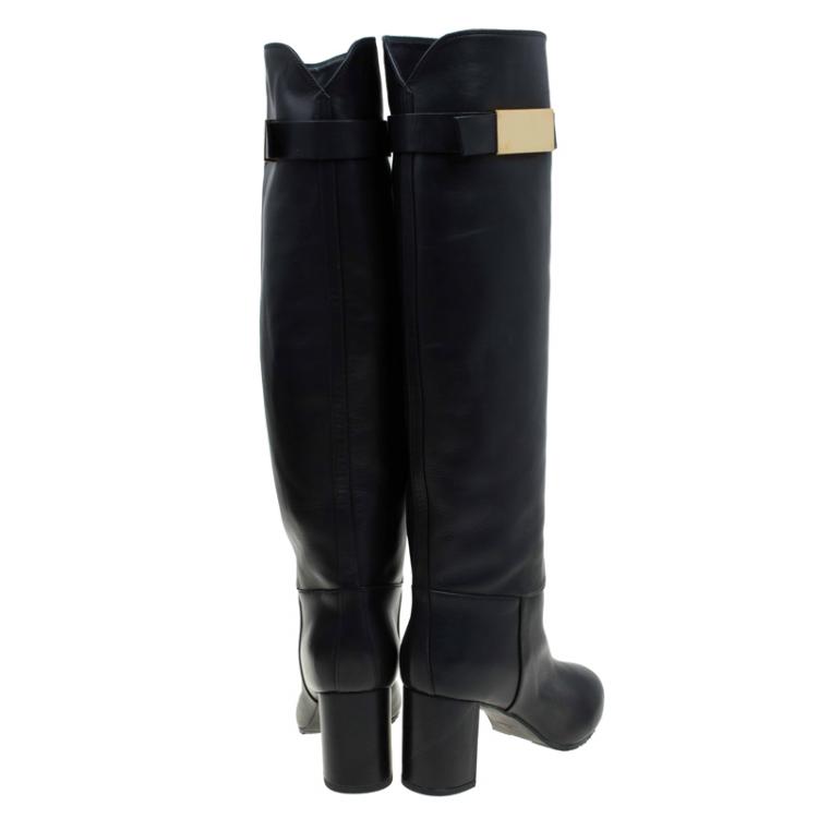 Pre Owned Giuseppe Zanotti Black Leather Metal Plaque Block Heel Knee Boots Size 41
