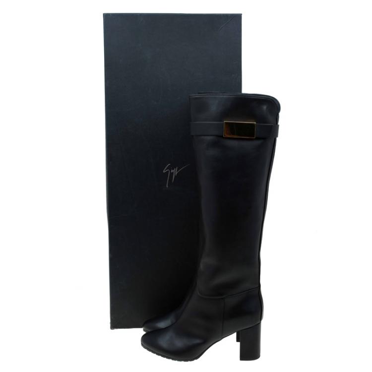 Pre Owned Giuseppe Zanotti Black Leather Metal Plaque Block Heel Knee Boots Size 41