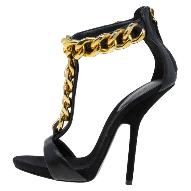 Pre Owned Giuseppe Zanotti Black Leather Chain Detail T Strap Sandals Size 36