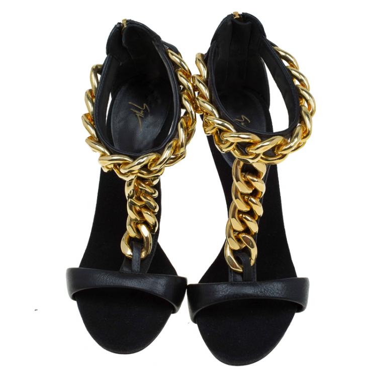 Pre Owned Giuseppe Zanotti Black Leather Chain Detail T Strap Sandals Size 36