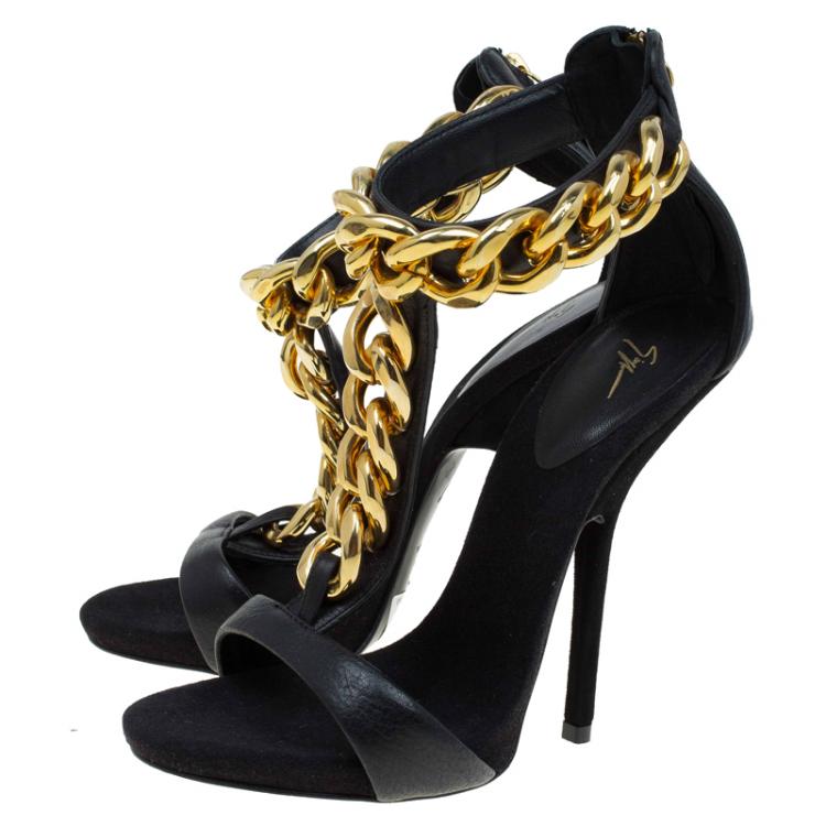 Pre Owned Giuseppe Zanotti Black Leather Chain Detail T Strap Sandals Size 36