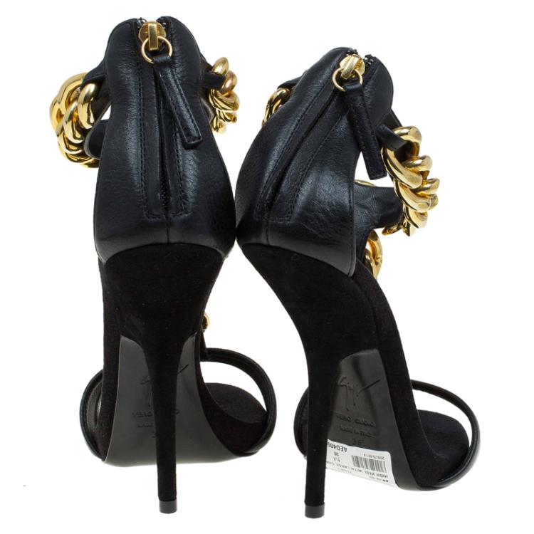 Pre Owned Giuseppe Zanotti Black Leather Chain Detail T Strap Sandals Size 36