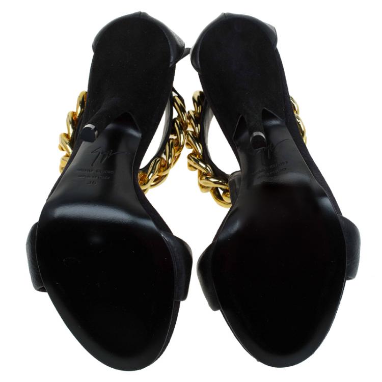 Pre Owned Giuseppe Zanotti Black Leather Chain Detail T Strap Sandals Size 36