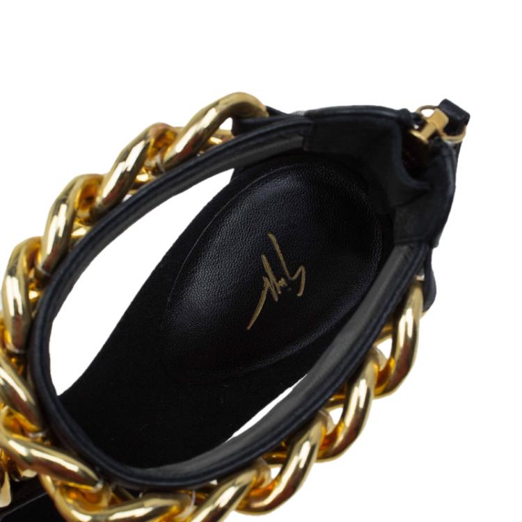 Pre Owned Giuseppe Zanotti Black Leather Chain Detail T Strap Sandals Size 36