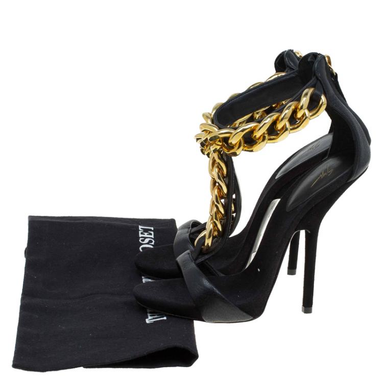 Pre Owned Giuseppe Zanotti Black Leather Chain Detail T Strap Sandals Size 36