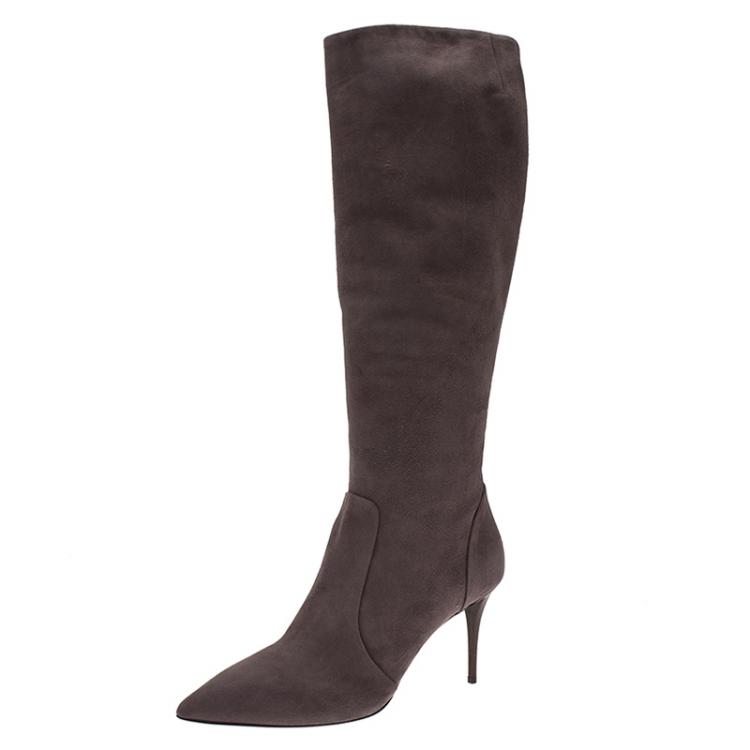 Pre Owned Giuseppe Zanotti Grey Suede Pointed Toe Knee Boots Size 41