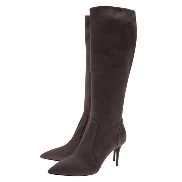 Pre Owned Giuseppe Zanotti Grey Suede Pointed Toe Knee Boots Size 41