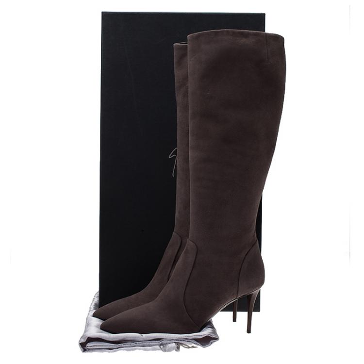 Pre Owned Giuseppe Zanotti Grey Suede Pointed Toe Knee Boots Size 41