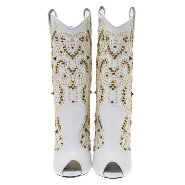 Pre Owned Giuseppe Zanotti White Studded Leather Coline Peep Toe Mid Calf Boots Size 38.5
