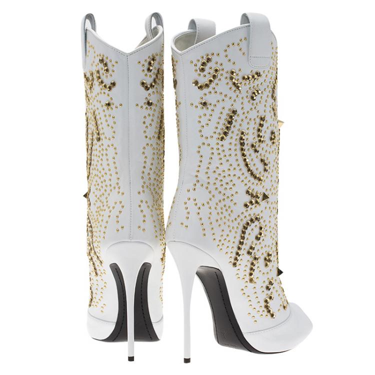 Pre Owned Giuseppe Zanotti White Studded Leather Coline Peep Toe Mid Calf Boots Size 38.5