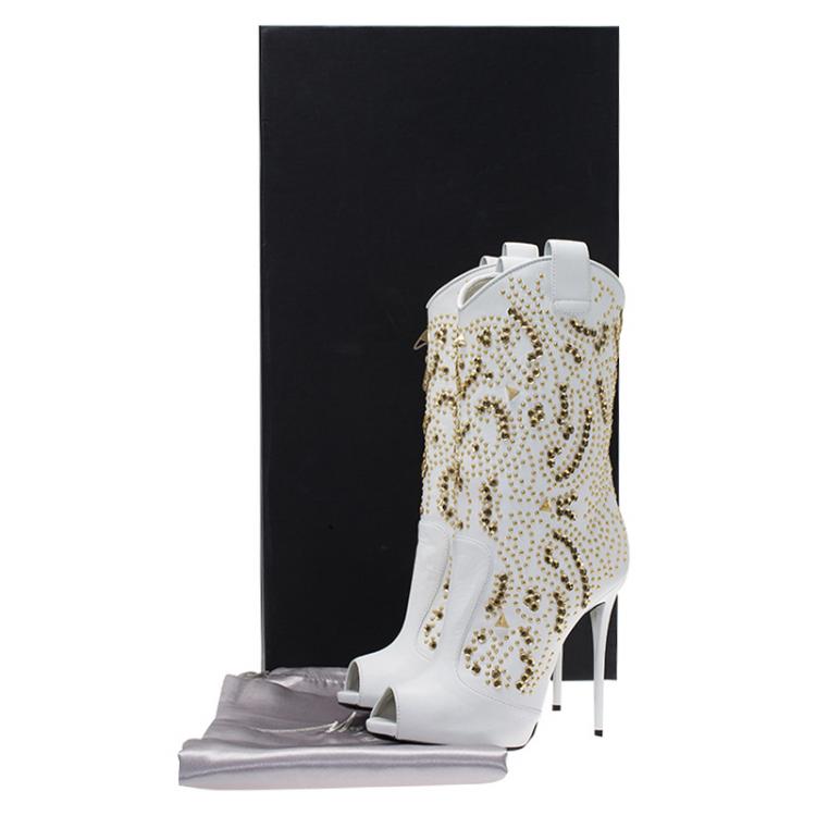 Pre Owned Giuseppe Zanotti White Studded Leather Coline Peep Toe Mid Calf Boots Size 38.5