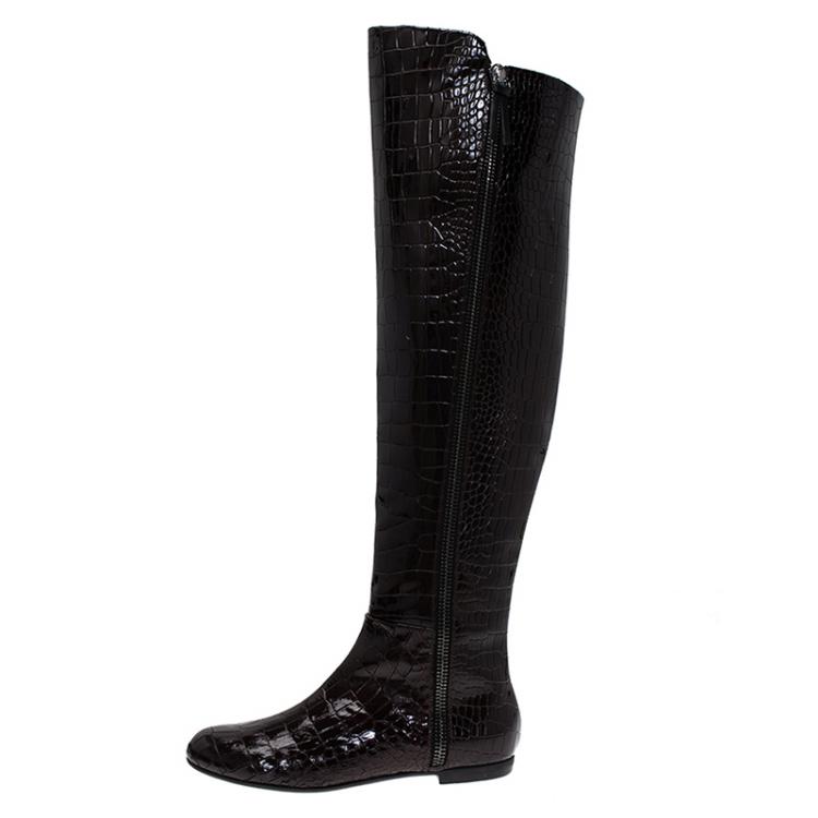 Pre Owned Giuseppe Zanotti Brown Croc Embossed Patent Ringotto Over the Knee Boots Size 38