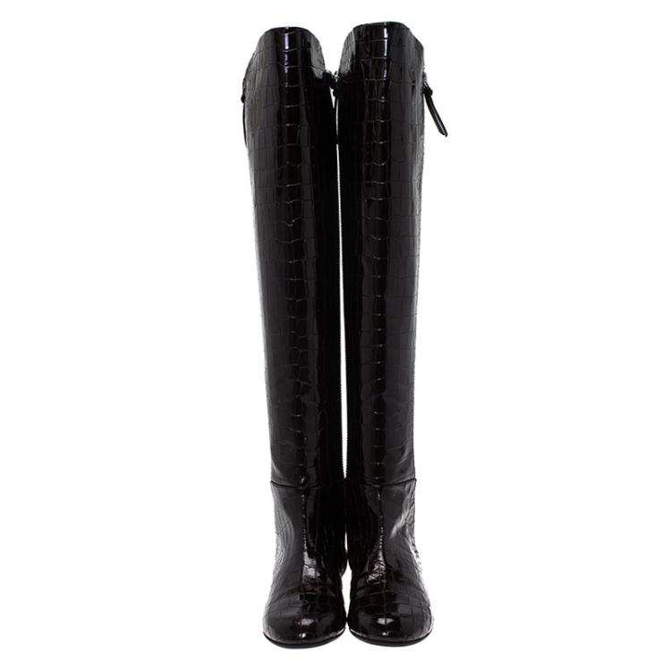 Pre Owned Giuseppe Zanotti Brown Croc Embossed Patent Ringotto Over the Knee Boots Size 38