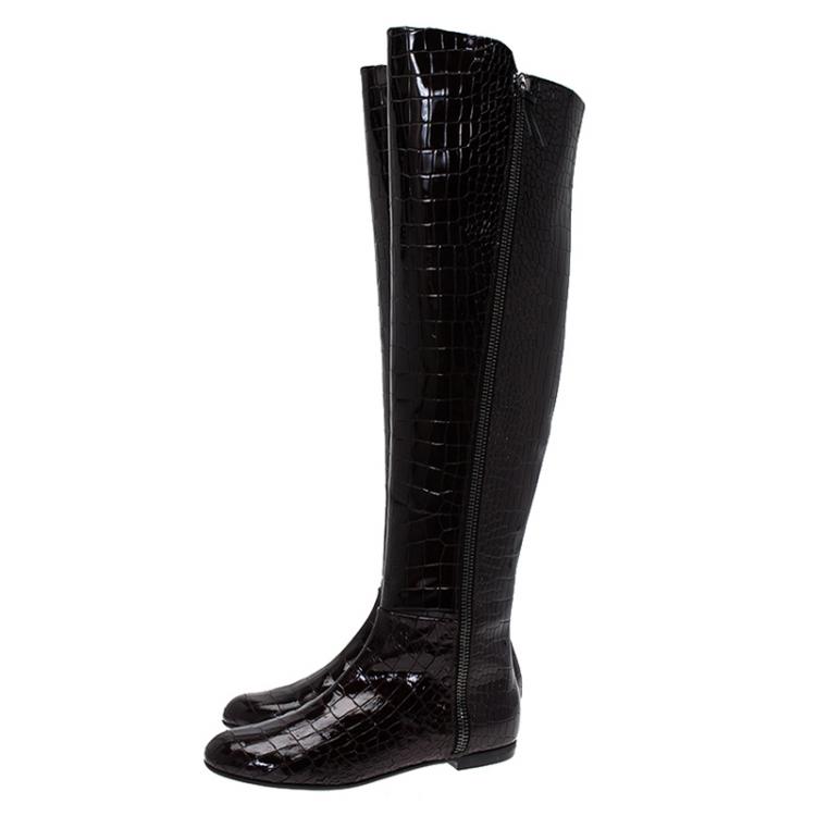 Pre Owned Giuseppe Zanotti Brown Croc Embossed Patent Ringotto Over the Knee Boots Size 38