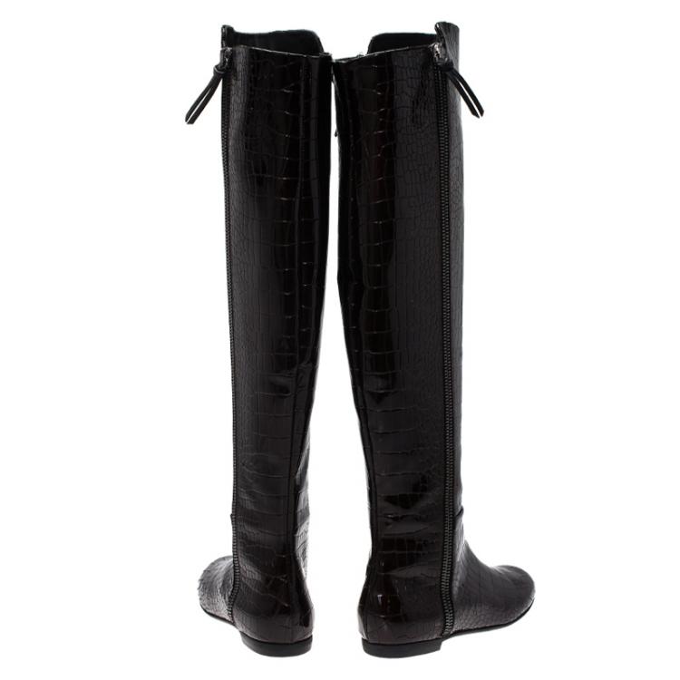 Pre Owned Giuseppe Zanotti Brown Croc Embossed Patent Ringotto Over the Knee Boots Size 38
