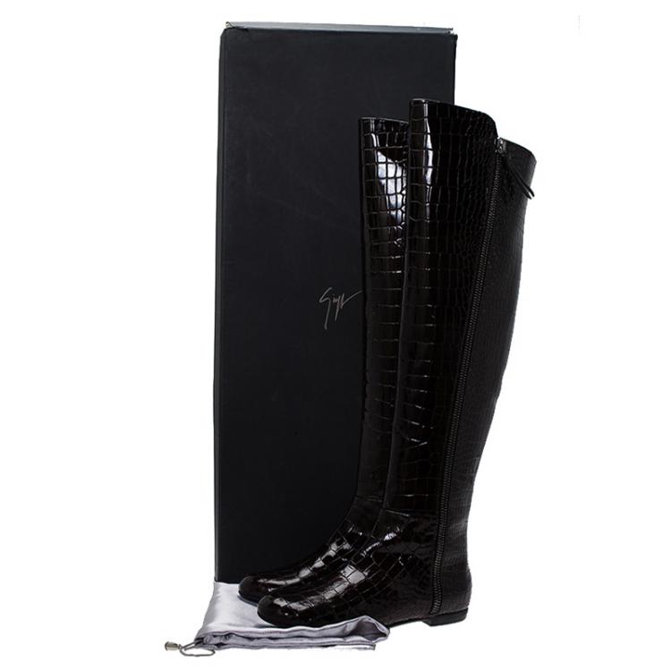 Pre Owned Giuseppe Zanotti Brown Croc Embossed Patent Ringotto Over the Knee Boots Size 38
