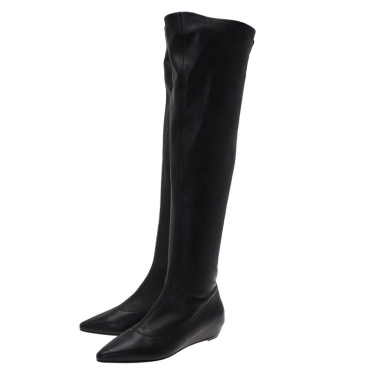 Pre Owned Giuseppe Zanotti Black Leather Pointed Wedge Over the Knee Boots Size 38.5