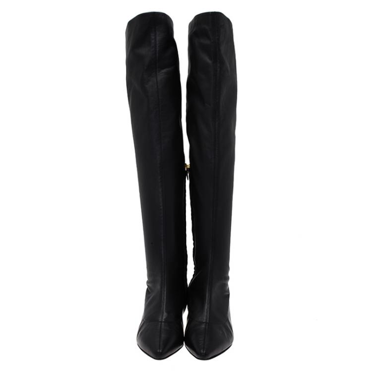 Pre Owned Giuseppe Zanotti Black Leather Pointed Wedge Over the Knee Boots Size 40