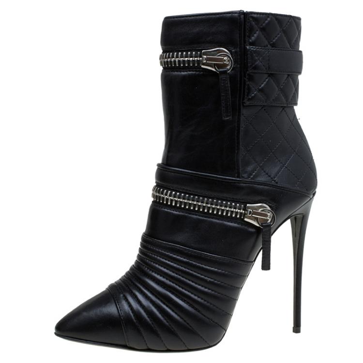 Pre Owned Giuseppe Zanotti Black Quilted Leather Olinda Zipper Detail Ankle Boots Size 40