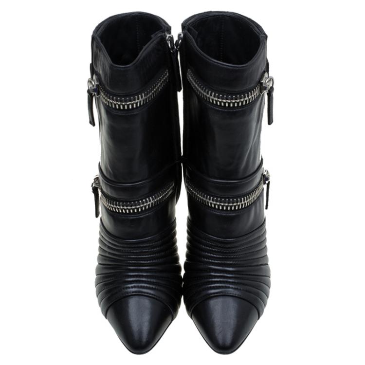 Pre Owned Giuseppe Zanotti Black Quilted Leather Olinda Zipper Detail Ankle Boots Size 40