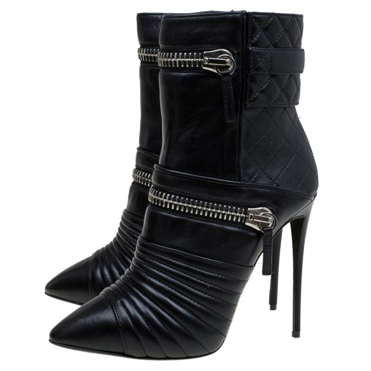 Pre Owned Giuseppe Zanotti Black Quilted Leather Olinda Zipper Detail Ankle Boots Size 40