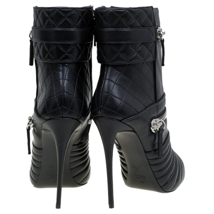 Pre Owned Giuseppe Zanotti Black Quilted Leather Olinda Zipper Detail Ankle Boots Size 40