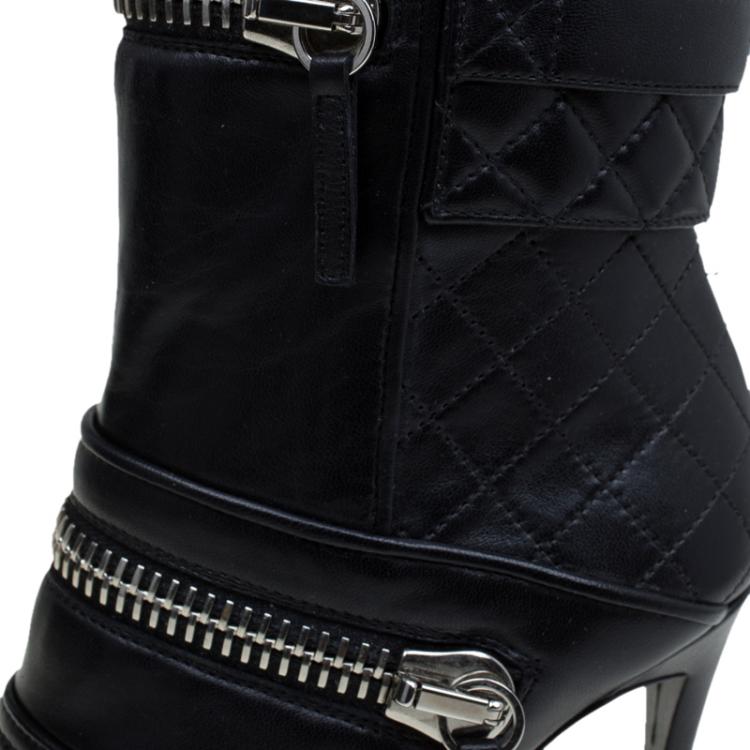 Pre Owned Giuseppe Zanotti Black Quilted Leather Olinda Zipper Detail Ankle Boots Size 40