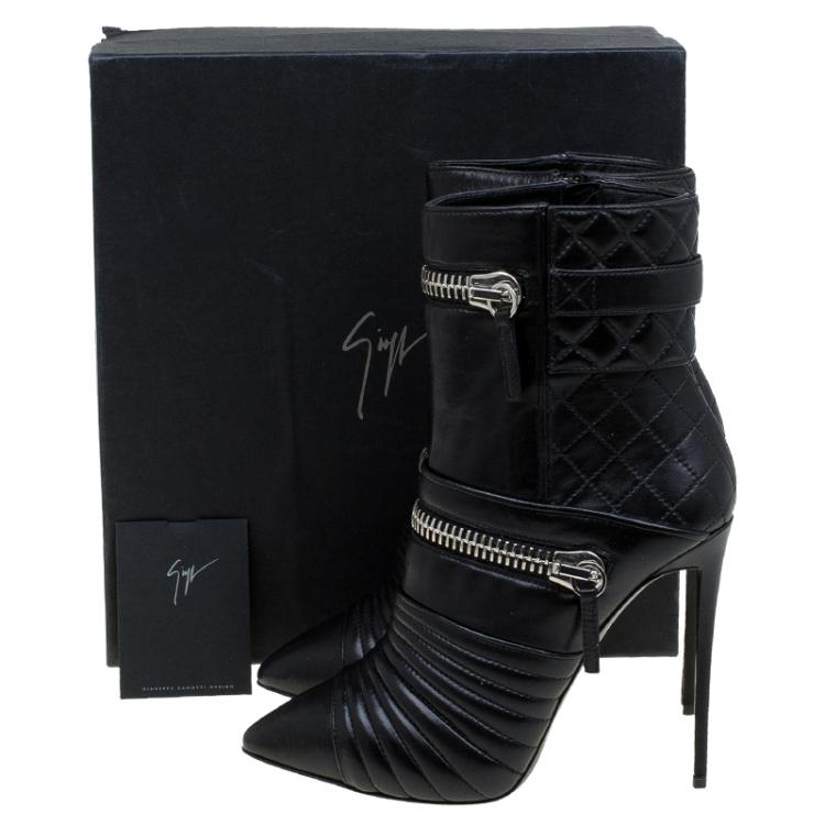 Pre Owned Giuseppe Zanotti Black Quilted Leather Olinda Zipper Detail Ankle Boots Size 40
