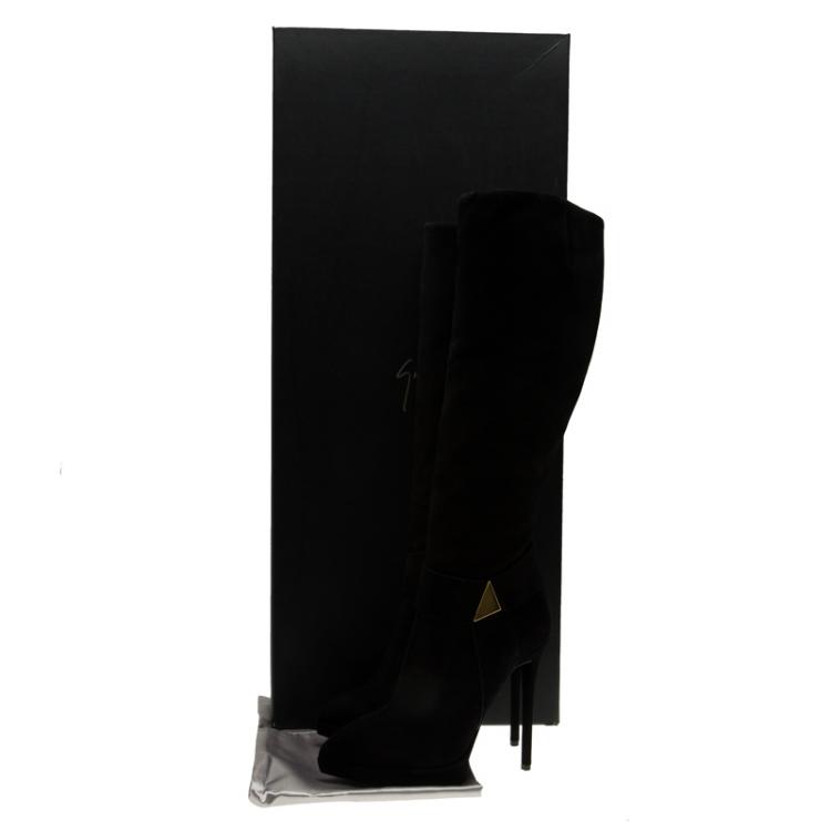 Pre Owned Giuseppe Zanotti Black Suede Pyramid Stud Platform Knee Boots Size 38