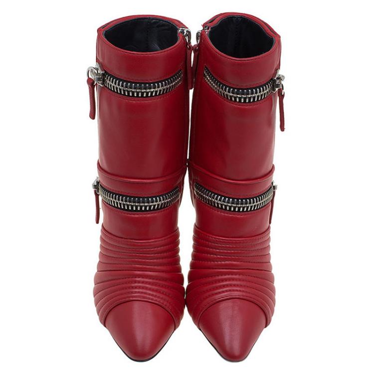 Pre Owned Giuseppe Zanotti Red Quilted Leather Olinda Zipper Detail Ankle Boots Size 37