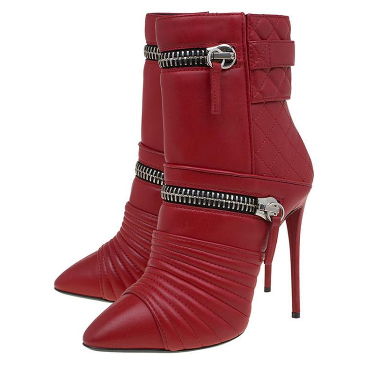 Pre Owned Giuseppe Zanotti Red Quilted Leather Olinda Zipper Detail Ankle Boots Size 37