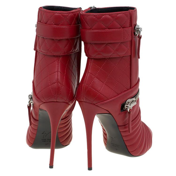 Pre Owned Giuseppe Zanotti Red Quilted Leather Olinda Zipper Detail Ankle Boots Size 37