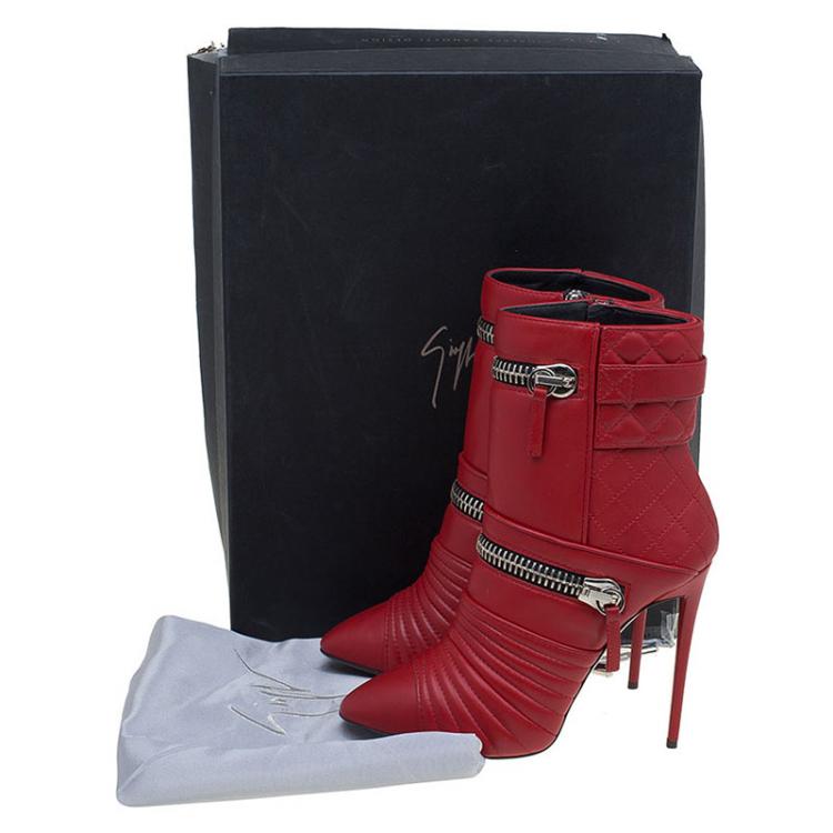 Pre Owned Giuseppe Zanotti Red Quilted Leather Olinda Zipper Detail Ankle Boots Size 37