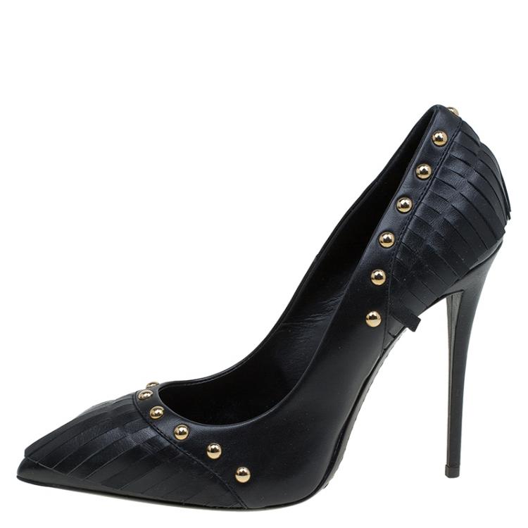 Pre Owned Giuseppe Zanotti Black Leather Studded Fringe Pumps Size 38
