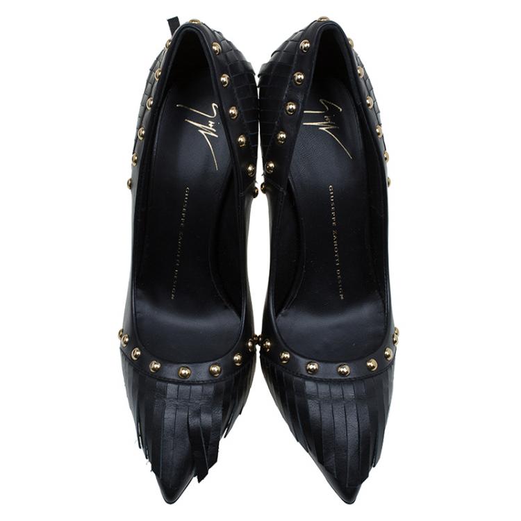 Pre Owned Giuseppe Zanotti Black Leather Studded Fringe Pumps Size 38