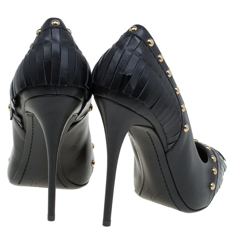 Pre Owned Giuseppe Zanotti Black Leather Studded Fringe Pumps Size 38