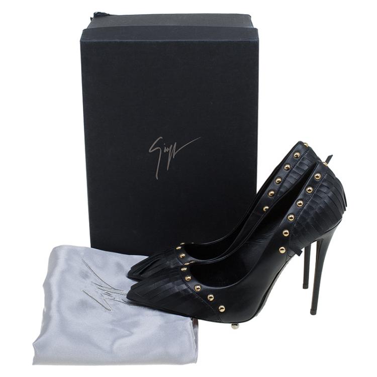 Pre Owned Giuseppe Zanotti Black Leather Studded Fringe Pumps Size 38