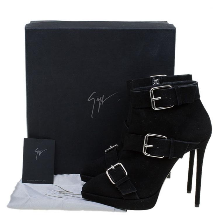مملوكة مسبقًا Giuseppe Zanotti Black Buckled Suede Platform Ankle Boots Size 40