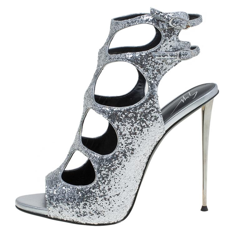 Pre Owned Giuseppe Zanotti Silver Glitter Cutout Ankle Strap Sandals Size 40