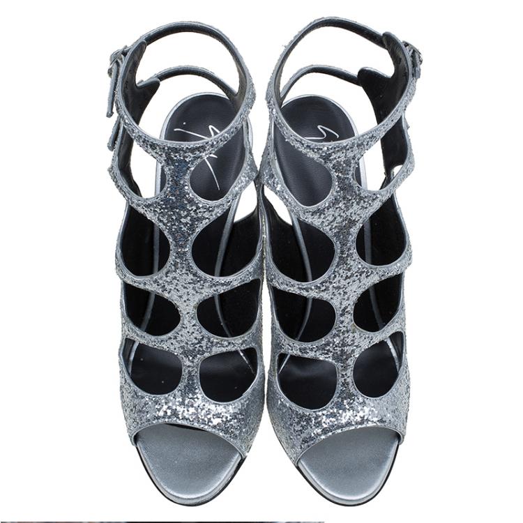 Pre Owned Giuseppe Zanotti Silver Glitter Cutout Ankle Strap Sandals Size 40