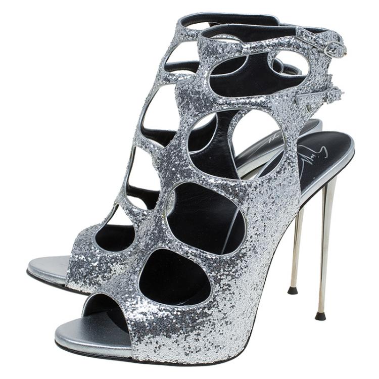 Pre Owned Giuseppe Zanotti Silver Glitter Cutout Ankle Strap Sandals Size 40
