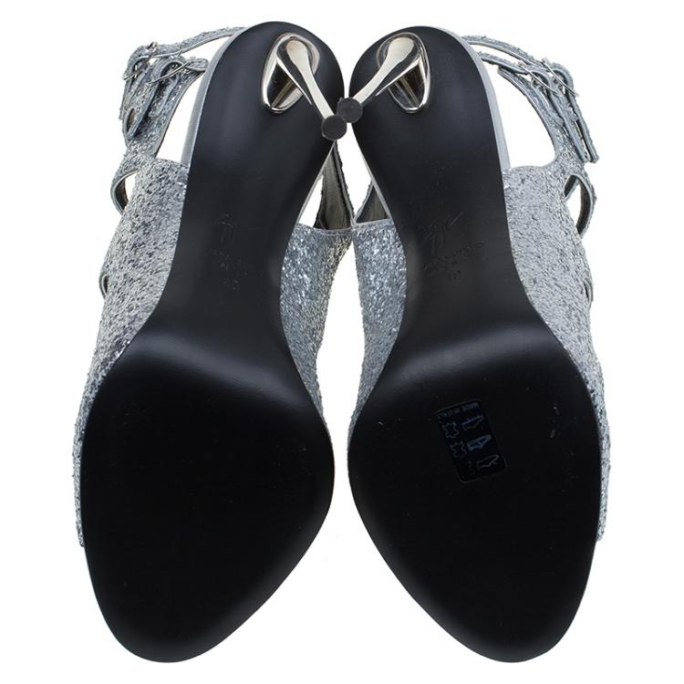 Pre Owned Giuseppe Zanotti Silver Glitter Cutout Ankle Strap Sandals Size 40