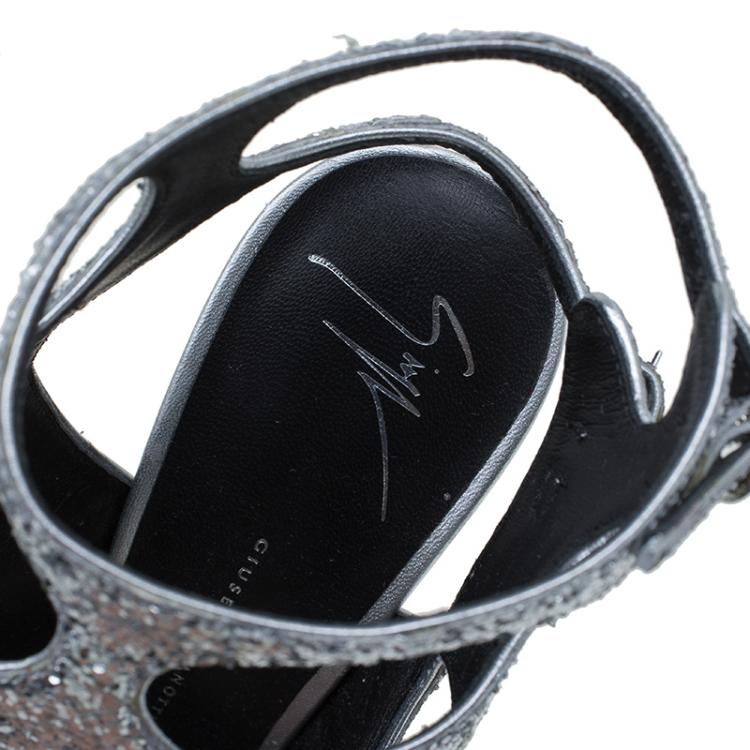 Pre Owned Giuseppe Zanotti Silver Glitter Cutout Ankle Strap Sandals Size 40