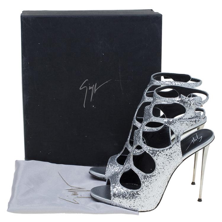 Pre Owned Giuseppe Zanotti Silver Glitter Cutout Ankle Strap Sandals Size 40