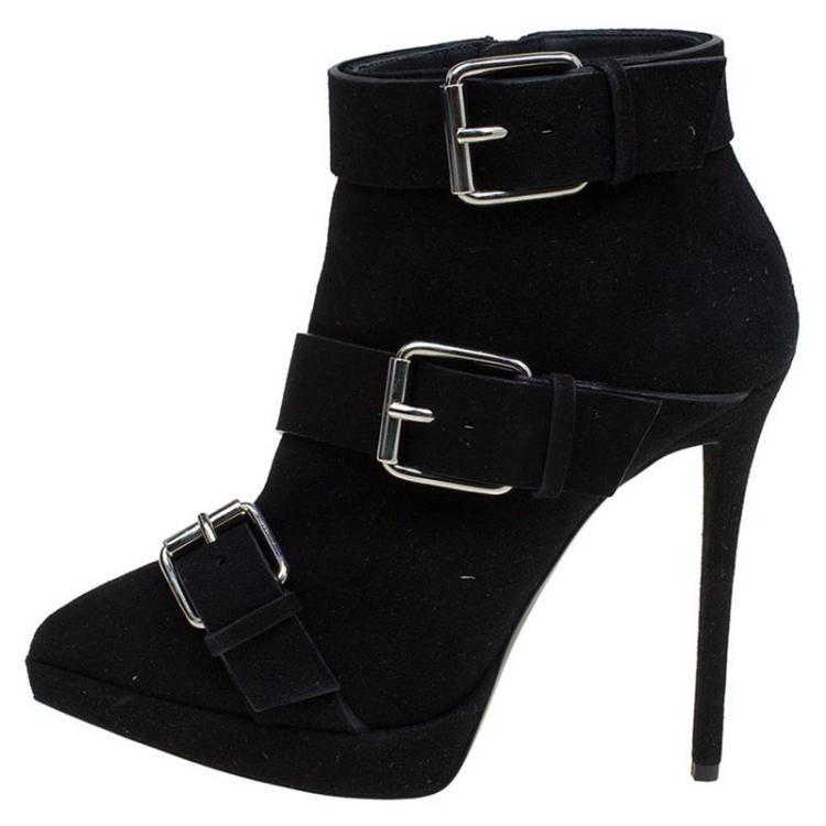 مملوكة مسبقًا Giuseppe Zanotti Black Buckled Suede Platform Ankle Boots Size 38