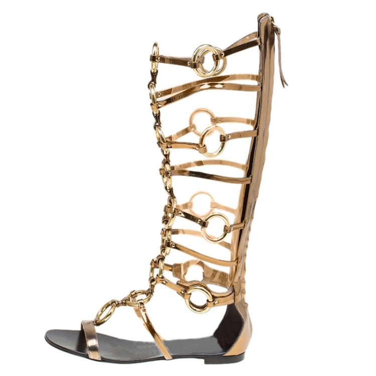 Pre Owned Giuseppe Zanotti Gold Chained Leather Gladiator Sandals Size 40
