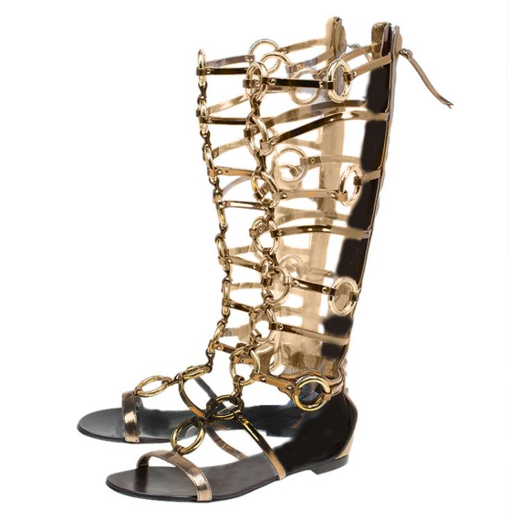 Pre Owned Giuseppe Zanotti Gold Chained Leather Gladiator Sandals Size 40