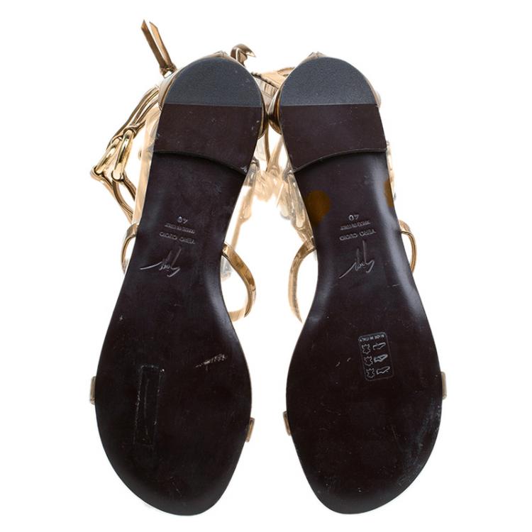 Pre Owned Giuseppe Zanotti Gold Chained Leather Gladiator Sandals Size 40